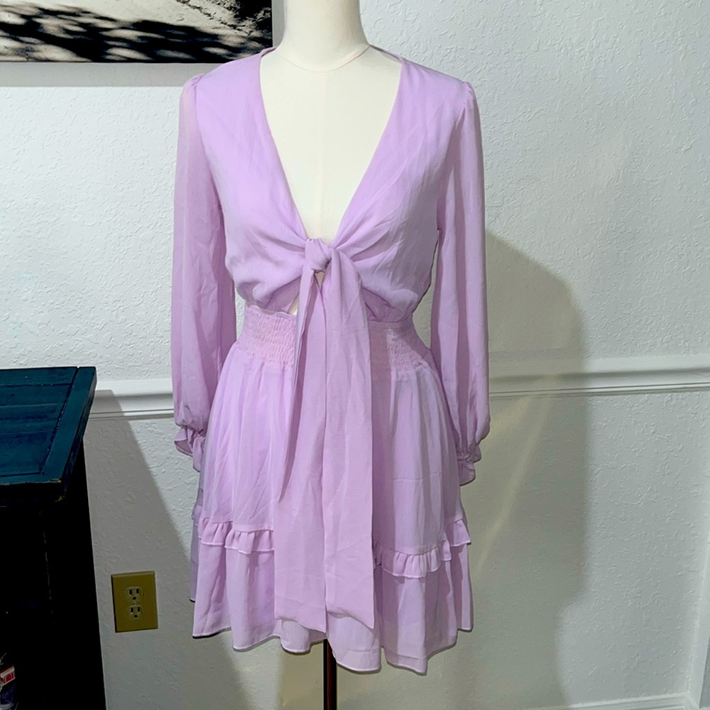 Whispering Meadows Flounce Sleeve Dress Tied Plunge Smocked Waist small